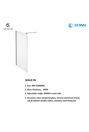 PAROI WALK IN 80CM H:2M PROFILE CHR AVEC BARRE DE MAINTIENT