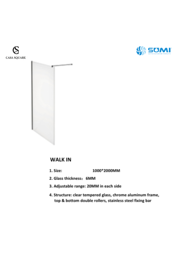 PAROI WALK IN 100CM H:2M PROFILE CHR AVEC BARRE DE MAINTIENT