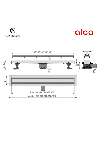 SIPHON POUR DOUCHE ITALIENNE 650 MM FIT AND GO GRILLE DOUBLE FACE ALCA EN INOX SIPHON POUR DOUCHE ITALIENNE 650 MM FIT AND GO GRILLE DOUBLE FACE ALCA EN INOX