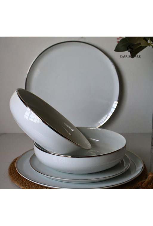 SERVICE 18 PIECES EN PORCELAINE FILET PLATINE