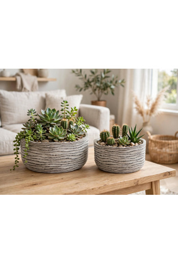Set de 2 supports pot de fleurs gris en ciment effet vieilli 21x10 cm