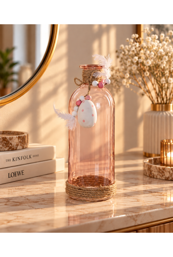 VASE EN VERRE ROSE AVEC  CORDE 11X7X20 CM