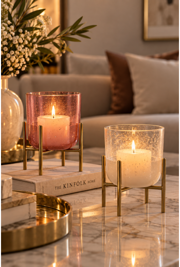 Bougeoir en verre en rose avec support en métal  6,5X6,5X11  cm