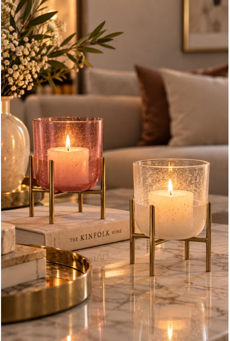 Bougeoir en verre en rose avec support en métal  6,5X6,5X11  cm
