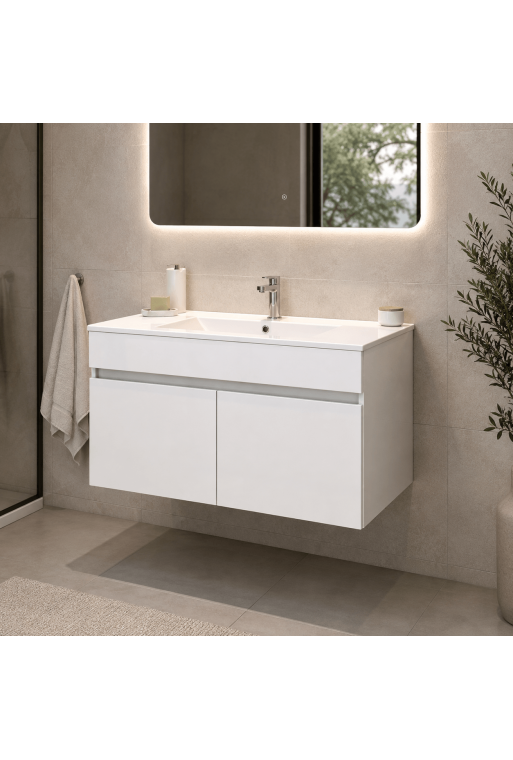 SET MEUBLE SOFIA 60CM 2P STRATIFIE BLANC BRILLANT AVEC LAVABO RESINE