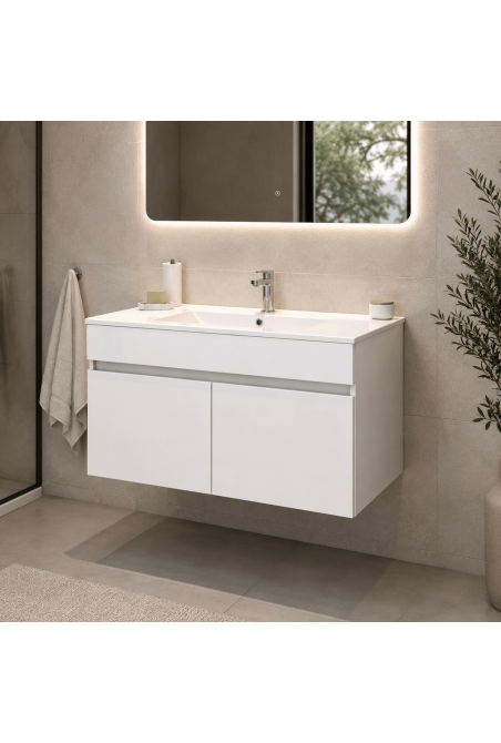 SET MEUBLE SOFIA 60CM 2P STRATIFIE BLANC BRILLANT AVEC LAVABO RESINE