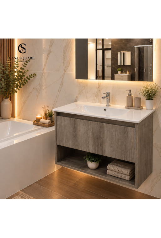SET MEUBLE LAGOS CHENE GREY 80+LAVABO EN RESINE BLANC
