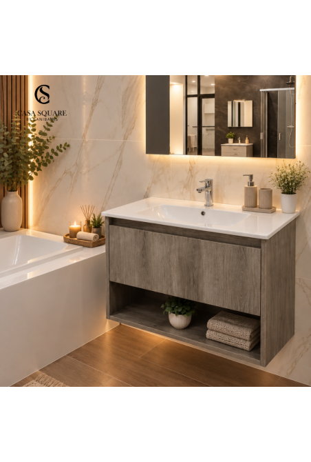 SET MEUBLE LAGOS CHENE GREY 80+LAVABO EN RESINE BLANC