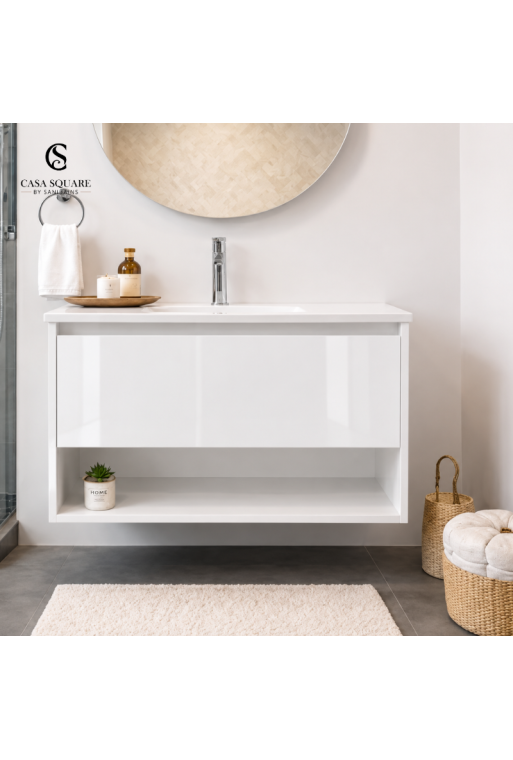 SET MEUBLE LAGOS BLANC BRILLANT 80 + LAVABO EN RESINE