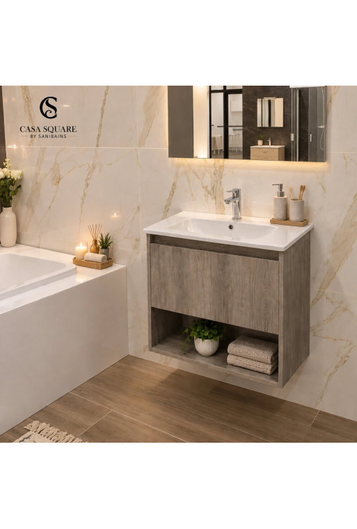 SET MEUBLE LAGOS CHENE GREY 60+LAVABO EN RESINE BLANC