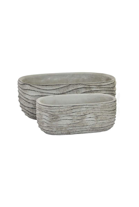 Set de 2 jardinières ovales gris à rayures en ciment 24x13x9 cm