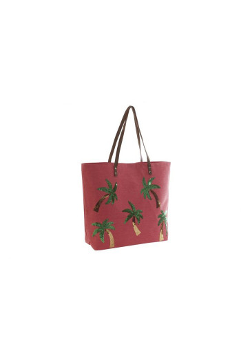 SAC A MAIN PALMIERS PAILLETTES EN TOILE ROSE 51X13X40 cm